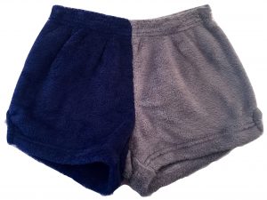 Personalized college fuzzy pajama shorts — shown being worn