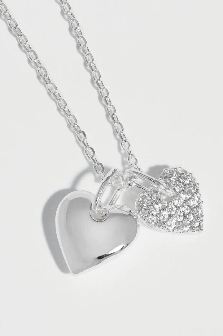 Pave Double Heart Charm Necklace Silver Plated