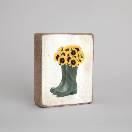 Sunflower wellies decorative block — cheerful spring and summer home decor