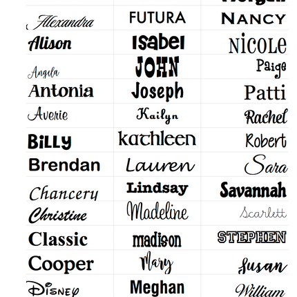 Monogramming font options — available embroidery fonts at Jeannine's Gifts RVC