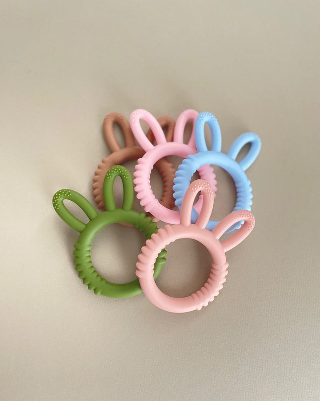 Silicone bunny teething ring — safe BPA-free baby teether, newborn gift