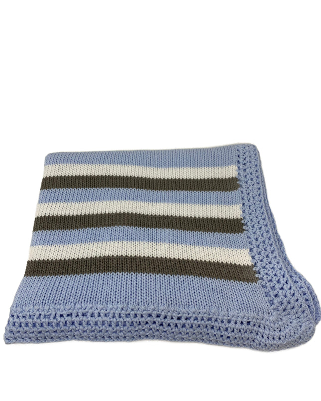 Blue white and grey stripe hand knit blanket — luxury baby shower gift