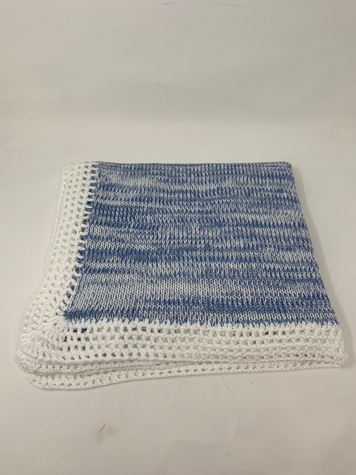 White and Denim Trim Hand Knit Blanket