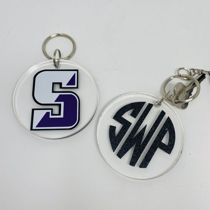 Personalized round acrylic keychain — custom name or monogram, vinyl personalization included