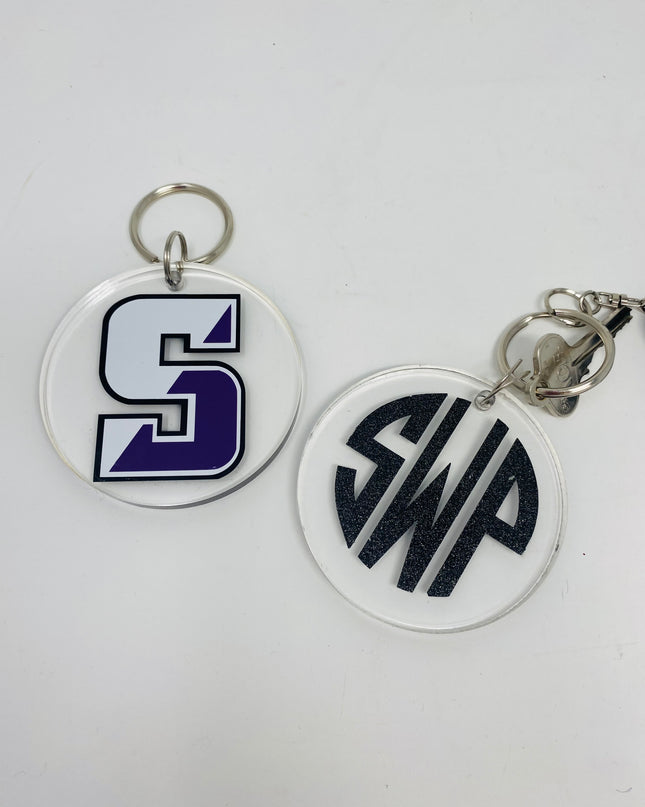 Personalized round acrylic keychain — custom name or monogram, vinyl personalization included