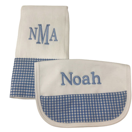 Personalized bib and burp cloth set — flat lay showing full set