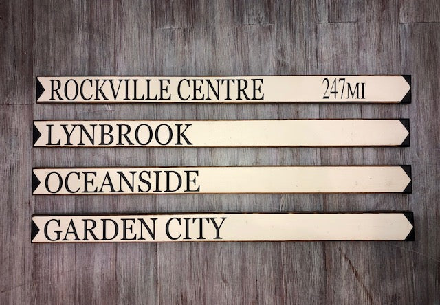 Custom destination sign with mileage — shown with multiple destination examples
