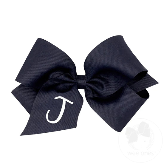 King Monogrammed Grosgrain Girls Hair Bow - Navy with White Initial