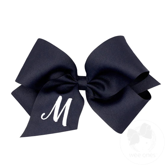 King Monogrammed Grosgrain Girls Hair Bow - Navy with White Initial