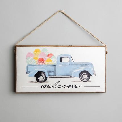 Welcome Egg Truck hanging sign — spring and Easter home decor