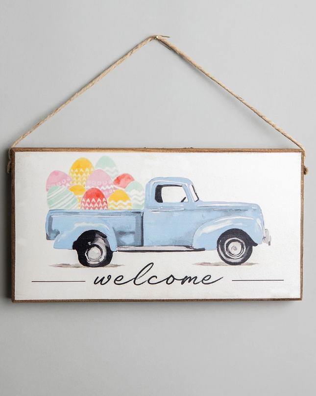 Welcome Egg Truck hanging sign — spring and Easter home decor