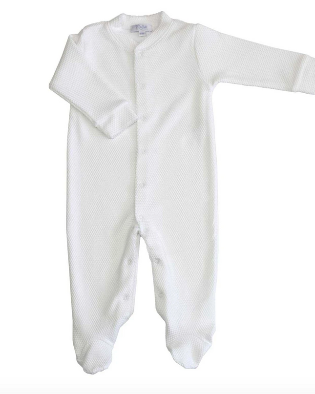 White bubble baby footie — shown in pink trim colorway