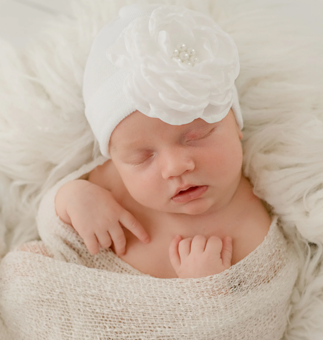 White Silk Flower Newborn Hat