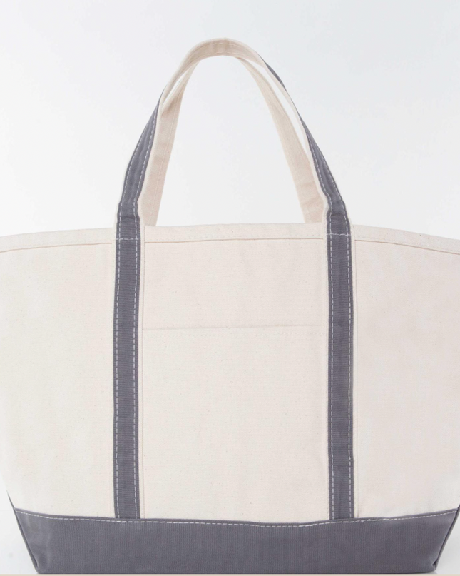 Personalized medium boat bag — shown open with contents