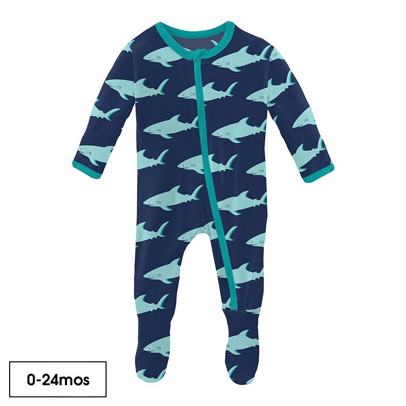 Print Footie with Zipper in Flag Blue Sharky