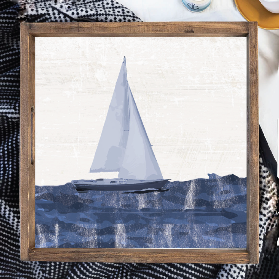 Indigo Sail Boat Wooden Serving Tray