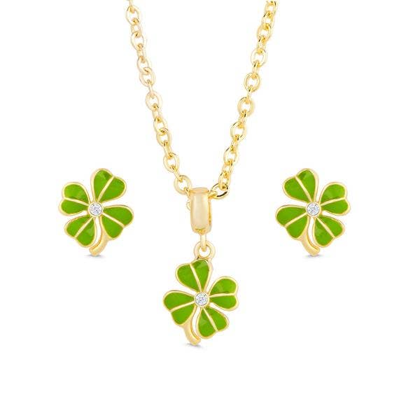 Four Leaf Clover Stud Earrings And Necklace Set
