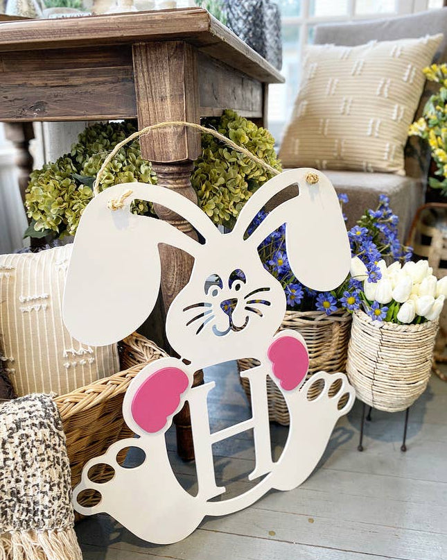 Initial bunny door hanger — personalized Easter home decor