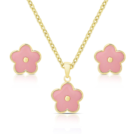 Pink flower stud earrings and necklace set — children's jewelry, birthday and Easter gift