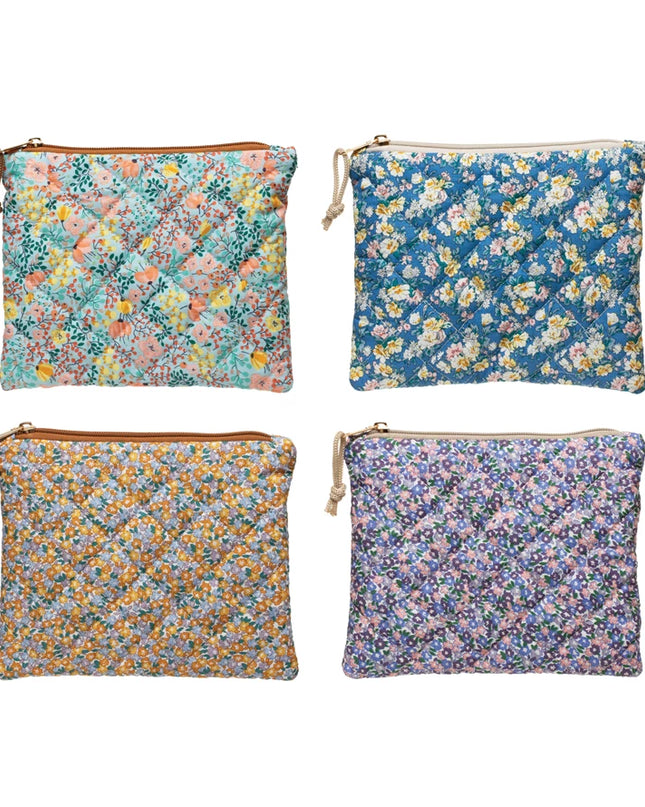 Quilted floral chintz zip pouch — elegant accessory bag, gift for her