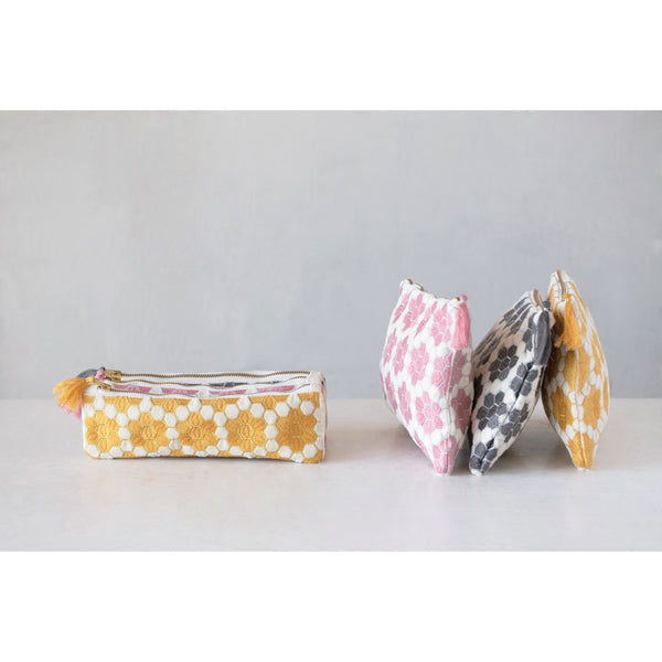 Cotton Velvet Zip Pouch with Honeycomb Pattern