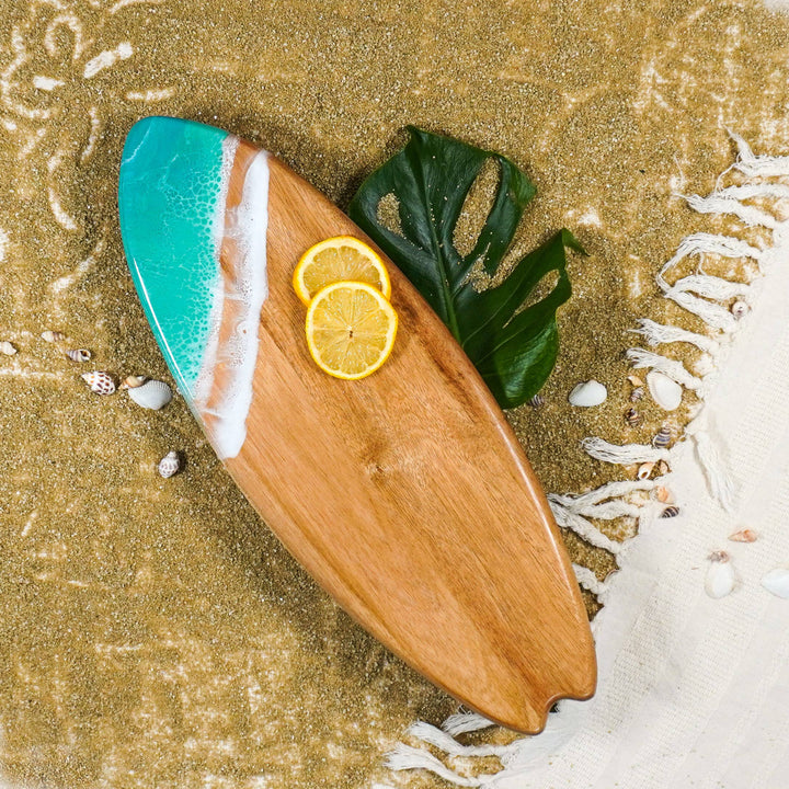 Resin-Accented Surfboard Shaped Charcuterie Board-Ocean Vibes