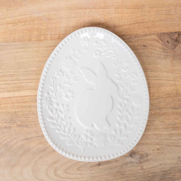 Embossed Floral Bunny Plate   Antique White    7.25x1x8.75