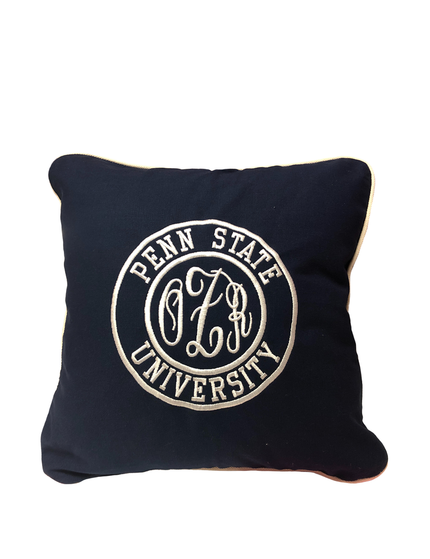 Personalized college pillow — embroidered school logo, dorm room gift
