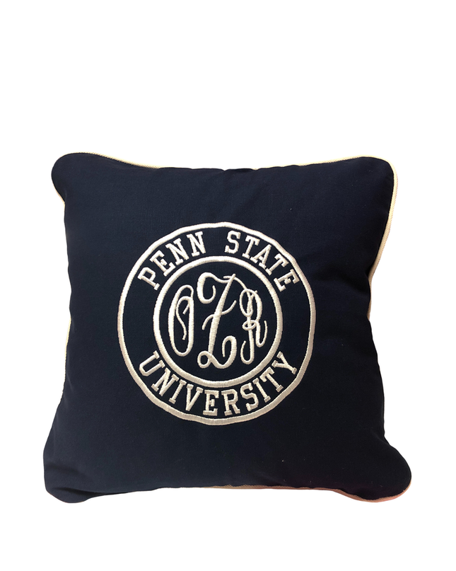 Personalized college pillow — embroidered school logo, dorm room gift