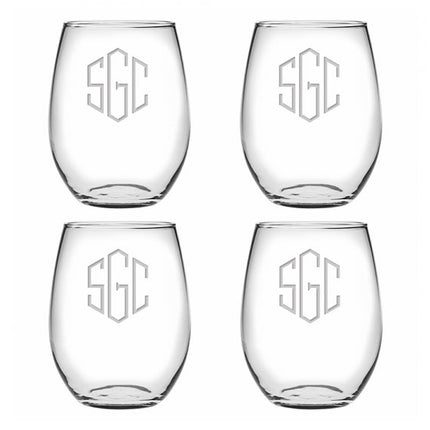 Personalized stemless wine glass — shown with monogram example
