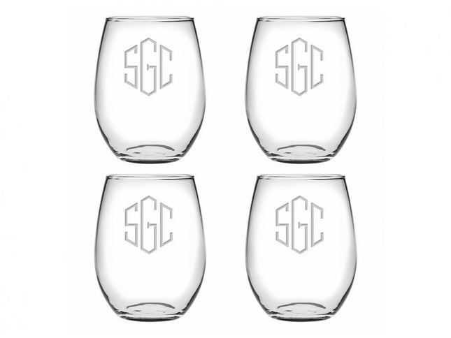 Personalized stemless wine glass — shown with monogram example