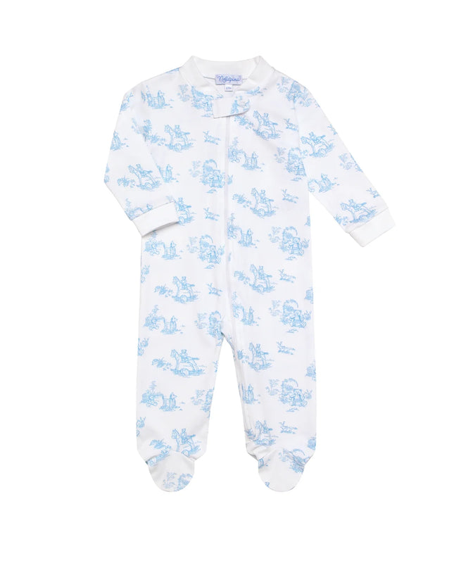 Blue toile zipper footie — classic baby clothing, baby shower gift for boys